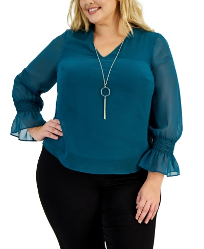 Jm Collection Plus Size Smocked-sleeve Necklace Top, Created For Macy's In Teal Evergreen