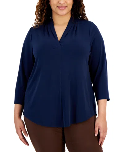 Jm Collection Plus Size Solid V-neck 3/4-sleeve Top, Exclusively At Macy's In Intrepid Blue