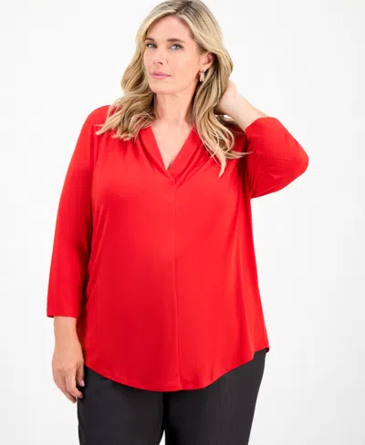 Jm Collection Plus Size Solid V-neck 3/4-sleeve Top, Exclusively At Macy's In Red