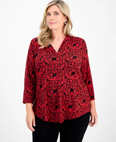 Jm Collection Plus Size Solid V-neck 3/4-sleeve Top, Exclusively At Macy's In Red