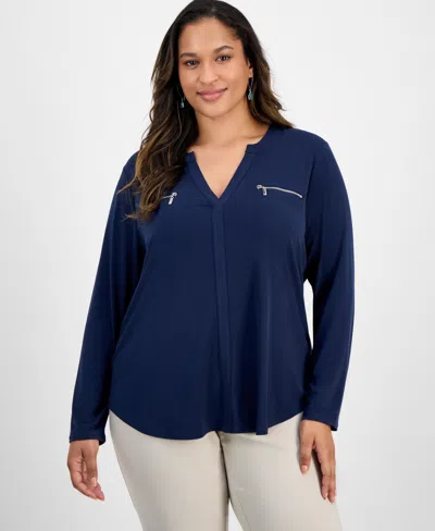 Jm Collection Plus Size Solid V-neck Long-sleeve Top, Macy's Exclusive In Blue