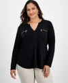 Jm Collection Plus Size Solid V-neck Long-sleeve Top, Macy's Exclusive In Black