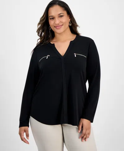 Jm Collection Plus Size Solid V-neck Long-sleeve Top, Macy's Exclusive In Black