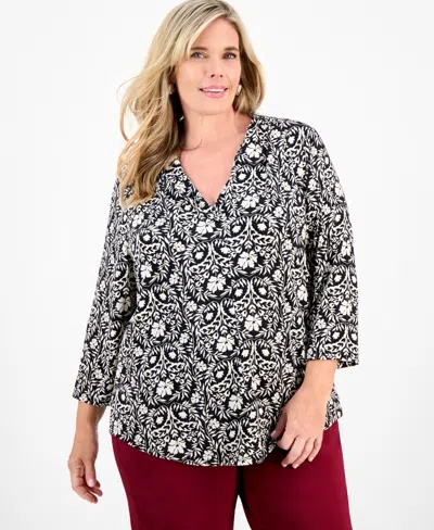 Jm Collection Plus Size Solid V-neck 3/4-sleeve Top, Exclusively At Macy's In Multi