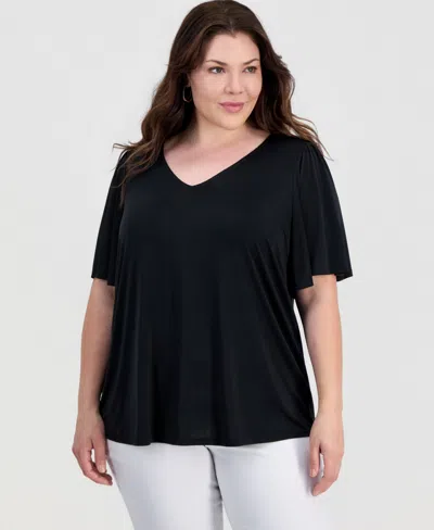Jm Collection Plus Size Solid V-neck Flutter-sleeve Top, Macy's Exclusive In Black