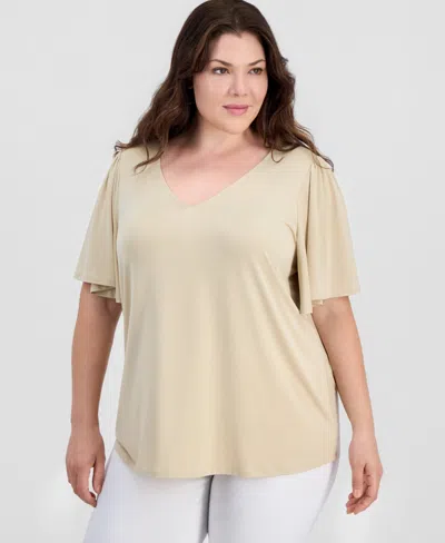 Jm Collection Plus Size Solid V-neck Flutter-sleeve Top, Macy's Exclusive In Brown