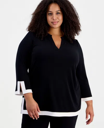 Jm Collection Plus Size Split Neck 3/4-sleeve Tunic, Macy's Exclusive In Black