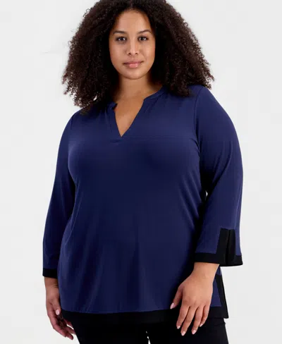 Jm Collection Plus Size Split Neck 3/4-sleeve Tunic, Macy's Exclusive In Blue