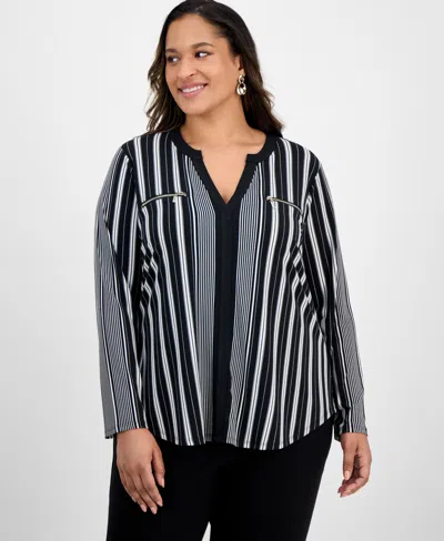 Jm Collection Plus Size Striped V-neck Long-sleeve Top, Exclusively At Macy's In Black