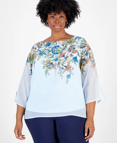 Jm Collection Plus Size Tassel-necklace Floral-print Top, Created For Macy's In Winter Mist