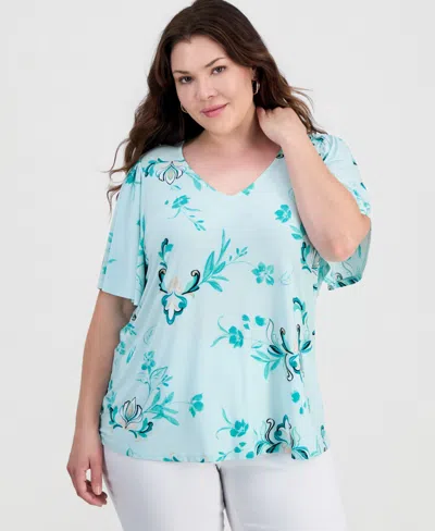 Jm Collection Plus Size Tossed Floral V-neck Flutter-sleeve Top, Macy's Exclusive In Blue
