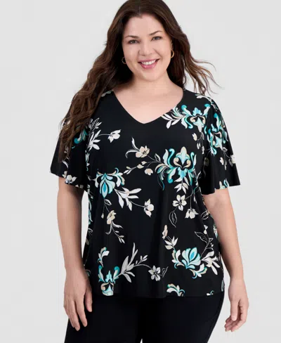 Jm Collection Plus Size Tossed Floral V-neck Flutter-sleeve Top, Macy's Exclusive In Multi