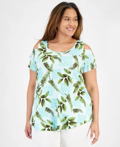 Jm Collection Plus Size Tropical Maze Cold-shoulder Top, Created For Macy's In Mystic Aqua Combo