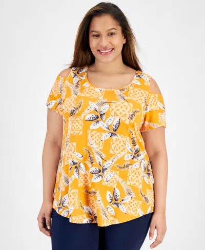 Jm Collection Plus Size Tropical Maze Cold-shoulder Top, Created For Macy's In Sante Fe Sun Combo