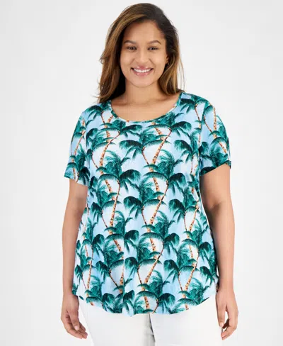 Jm Collection Plus Size Tropical Overlay Short-sleeve Top, Created For Macy's In Icicle Blue Combo