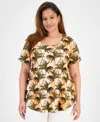 JM COLLECTION PLUS SIZE TROPICAL OVERLAY SHORT-SLEEVE TOP, CREATED FOR MACY'S