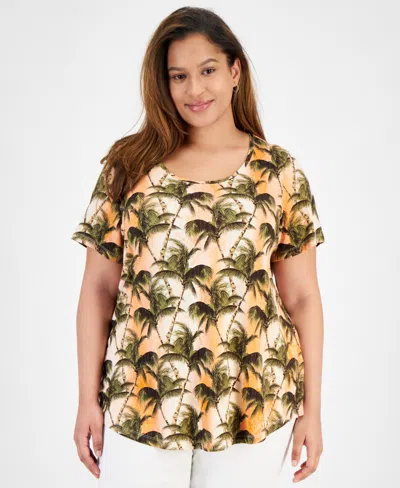 Jm Collection Plus Size Tropical Overlay Short-sleeve Top, Created For Macy's In Sante Fe Sun Combo