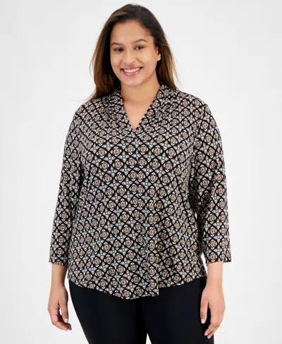 Jm Collection Plus Size V-neck 3/4-sleeve Top, Created For Macy's In Deep Black Combo