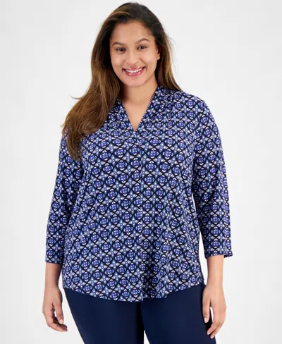 Jm Collection Plus Size V-neck 3/4-sleeve Top, Created For Macy's In Intrepid Blue Combo