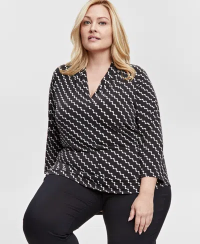 Jm Collection Plus Size V-neck 3/4-sleeve Top, Exclusively At Macy's In Deep Black