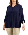 JM COLLECTION PLUS SIZE V-NECK ROLL-TAB UTILITY TOP, CREATED FOR MACY'S