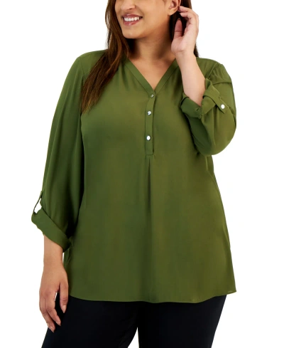 Jm Collection Plus Size V-neck Roll-tab Utility Top, Created For Macy's In New Avocado