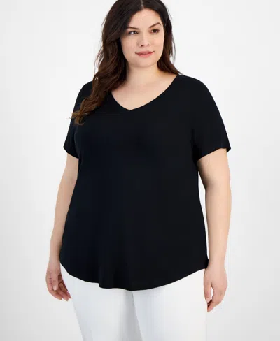 Jm Collection Plus Size V-neck Short-sleeve Top, Created For Macy's In Deep Black