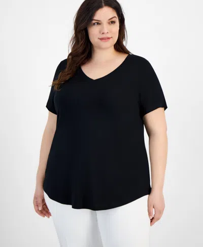 Jm Collection Plus Size V-neck Short-sleeve Top, Exclusively At Macy's In Deep Black