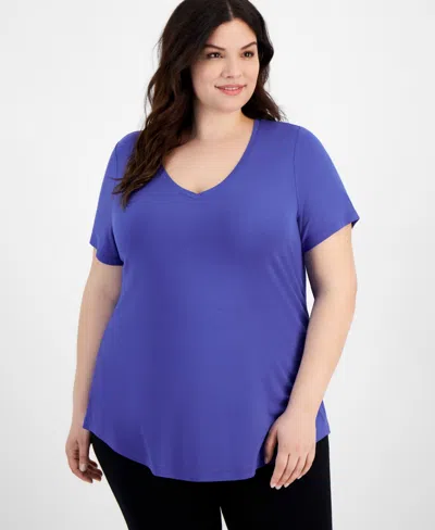 Jm Collection Plus Size V-neck Short-sleeve Top, Created For Macy's In Demure Blue
