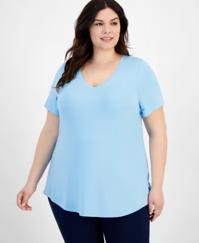 Jm Collection Plus Size V-neck Short-sleeve Top, Created For Macy's In Icicle Blue