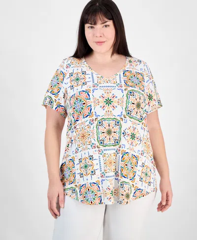 Jm Collection Plus Size V-neck Short-sleeve Top, Exclusively At Macy's In Neo Natura