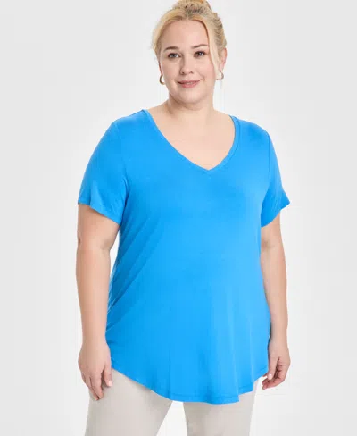 Jm Collection Plus Size V-neck Short-sleeve Top, Exclusively At Macy's In Spa Blue