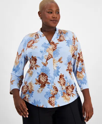 Jm Collection Plus Size Vintage Enchantment V-neck Top, Created For Macy's In Clear Blue Sky Combo