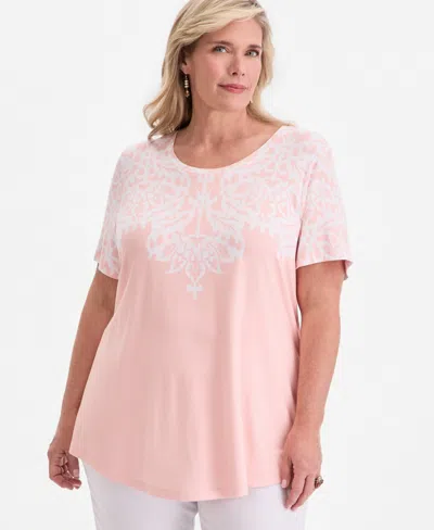 Jm Collection Plus Size Wallpaper Necklace Short-sleeve Top, Macy's Exclusive In Pink
