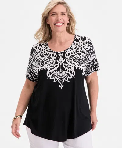 Jm Collection Plus Size Wallpaper Necklace Short-sleeve Top, Macy's Exclusive In Black