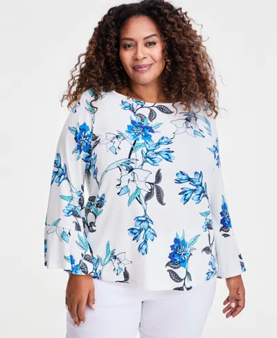 Jm Collection Plus Size Winding Leaves Flare Sleeve Boat Neck Top, Macy's Exclusive In White