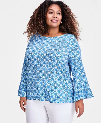 Jm Collection Plus Size Winding Leaves Flare Sleeve Boat Neck Top, Macy's Exclusive In Blue