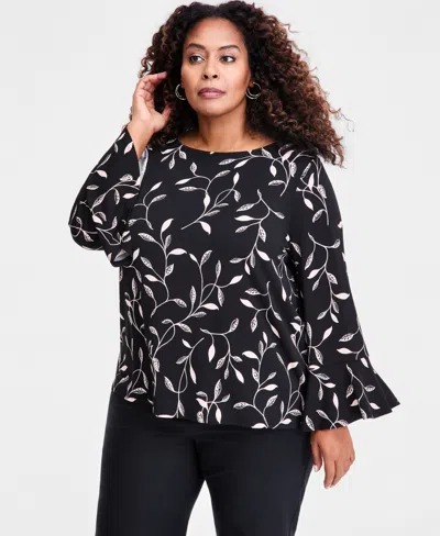 Jm Collection Plus Size Winding Leaves Flare Sleeve Boat Neck Top, Macy's Exclusive In Black