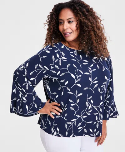 Jm Collection Plus Size Winding Leaves Flare Sleeve Boat Neck Top, Macy's Exclusive In Blue