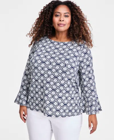 Jm Collection Plus Size Winding Leaves Flare Sleeve Boat Neck Top, Macy's Exclusive In Blue