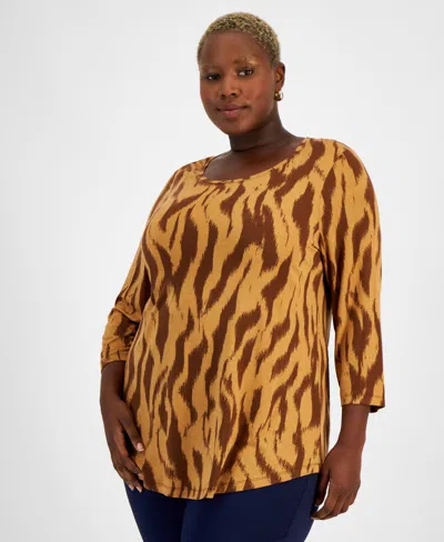 Jm Collection Plus Size Zebra-print 3/4-sleeve Scoop-neck Top, Created For Macy's In Canyon Trail Combo