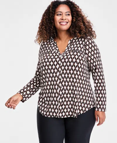 Jm Collection Plus Size Zip-pocket V-neck Long-sleeve Top, Macy's Exclusive In Black