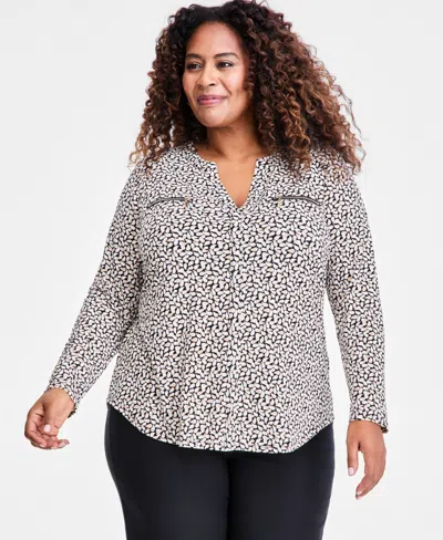 Jm Collection Plus Size Zip-pocket V-neck Long-sleeve Top, Macy's Exclusive In Multi