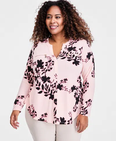 Jm Collection Plus Size Zip-pocket V-neck Long-sleeve Top, Macy's Exclusive In Multi