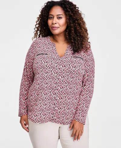 Jm Collection Plus Size Zip-pocket V-neck Long-sleeve Top, Macy's Exclusive In Multi