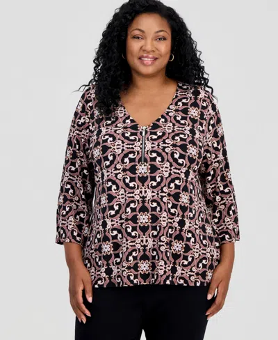 Jm Collection Plus Size Zip-neck 3/4-sleeve Top, Macy's Exclusive In Deep Black