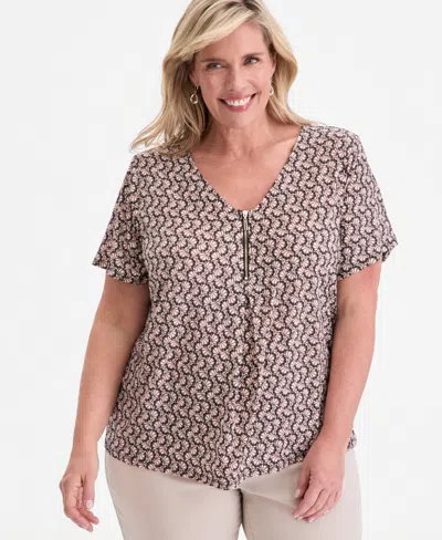 Jm Collection Plus Size Zippered V-neck Top, Macy's Exclusive In Multi