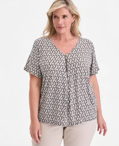 Jm Collection Plus Size Zippered V-neck Top, Macy's Exclusive In Multi