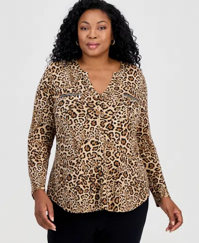 Jm Collection Plus Size Zippered-pocket V-neck Top, Macy's Exclusive In Brown