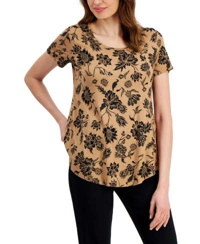 Jm Collection Women's Printed Short-sleeve Scoop-neck Top, Created For Macy's In Burnt Toffee Combo